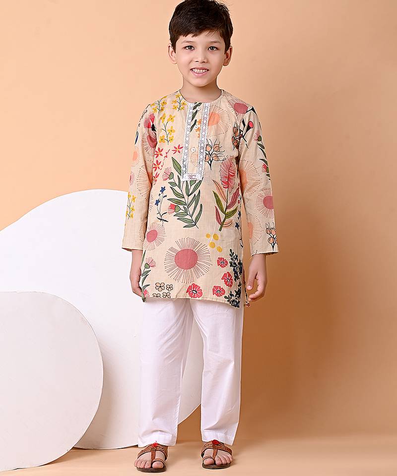 Beige floral printed cotton kurta set