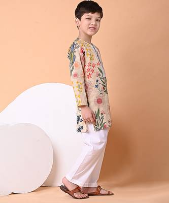 Beige floral printed cotton kurta set 2