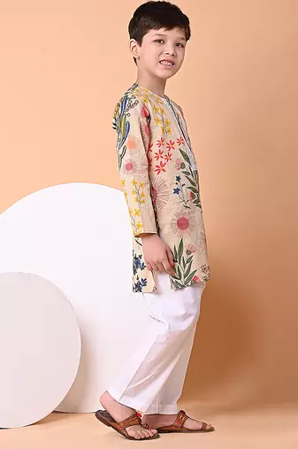 Beige floral printed cotton kurta set