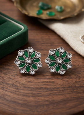 Traditional indian oxidised plated with white & green  stones earrings 1