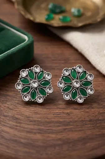 Traditional indian oxidised plated with white & green  stones earrings