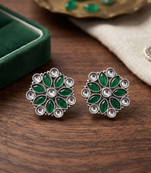 Traditional indian oxidised plated with white & green  stones earrings