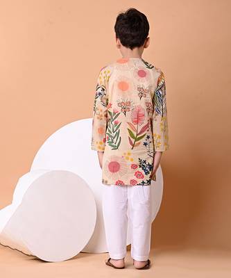 Beige floral printed cotton kurta set 3