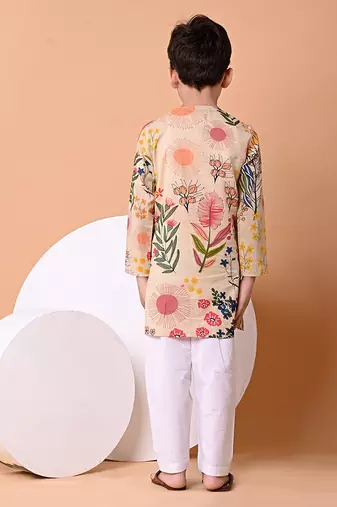 Beige floral printed cotton kurta set