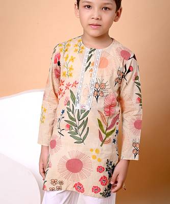 Beige floral printed cotton kurta set 4