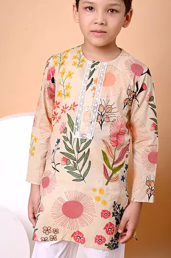 Beige floral printed cotton kurta set