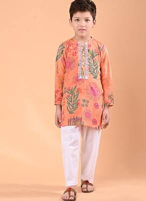 Peach orange floral printed cotton kurta set 1