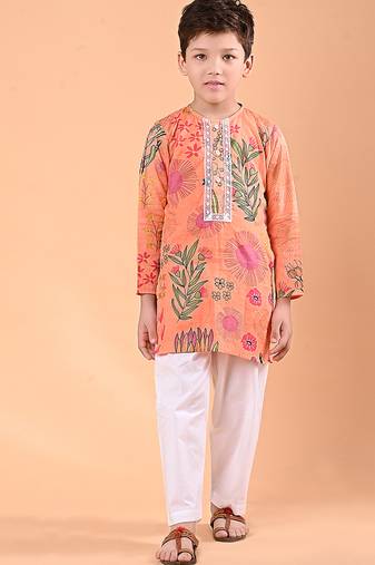 Peach orange floral printed cotton kurta set