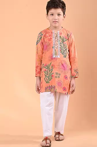 Peach orange floral printed cotton kurta set