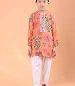 Peach orange floral printed cotton kurta set
