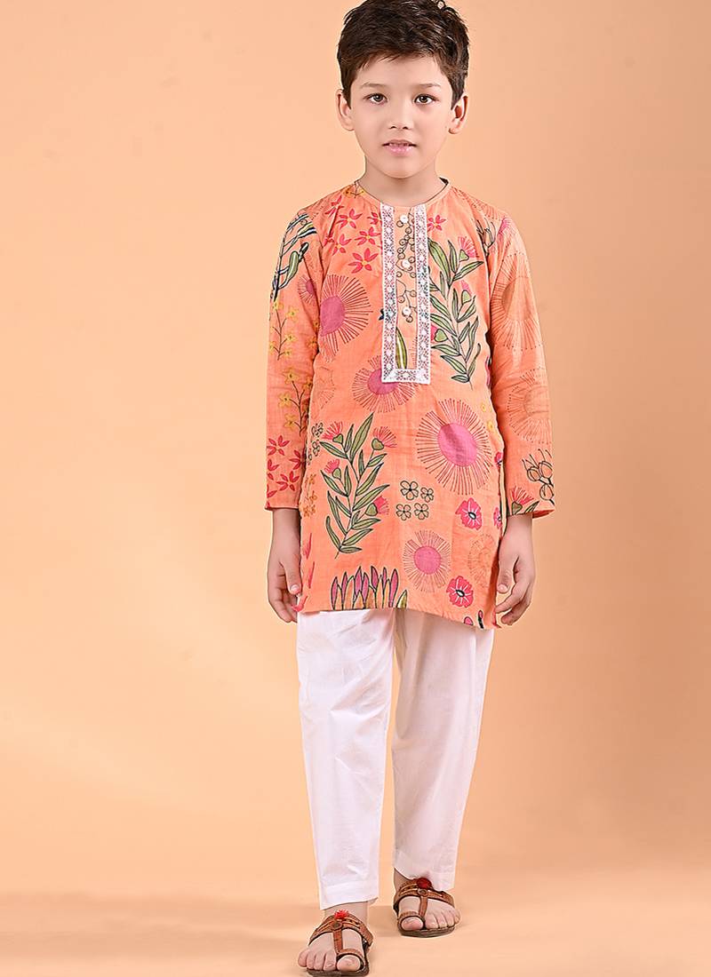Peach orange floral printed cotton kurta set