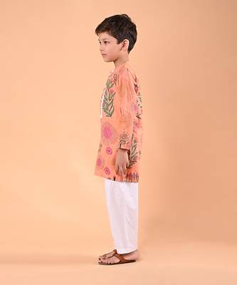 Peach orange floral printed cotton kurta set 2