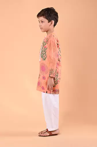 Peach orange floral printed cotton kurta set