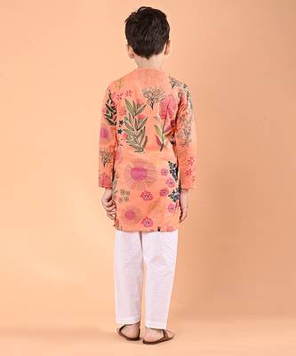 Peach orange floral printed cotton kurta set 3