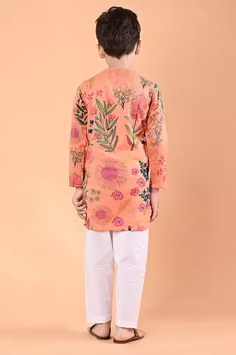 Peach orange floral printed cotton kurta set