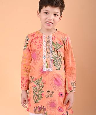 Peach orange floral printed cotton kurta set 4