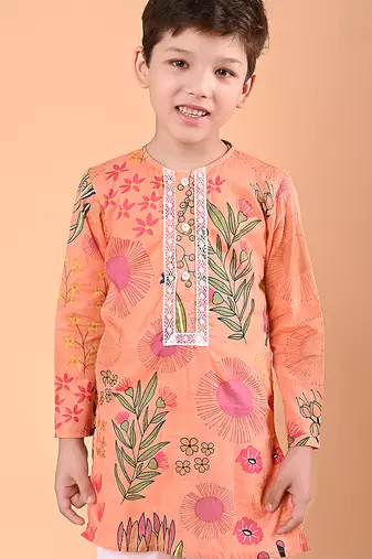 Peach orange floral printed cotton kurta set