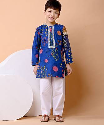 Royal blue floral printed cotton kurta set 1