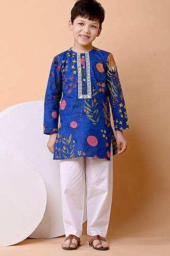 Royal blue floral printed cotton kurta set