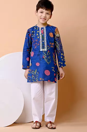 Royal blue floral printed cotton kurta set
