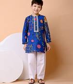 Royal blue floral printed cotton kurta set