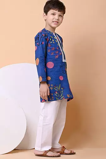 Royal blue floral printed cotton kurta set