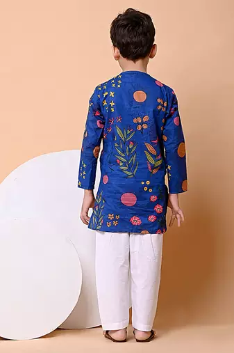 Royal blue floral printed cotton kurta set