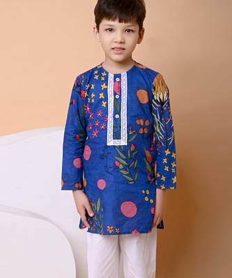 Royal blue floral printed cotton kurta set 4