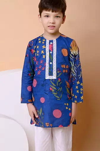 Royal blue floral printed cotton kurta set