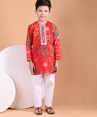 Red floral printed cotton kurta set 1