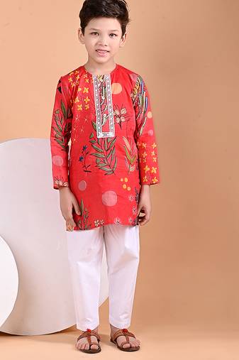 Red floral printed cotton kurta set