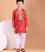 Red floral printed cotton kurta set