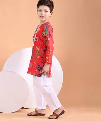 Red floral printed cotton kurta set 2