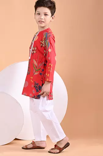 Red floral printed cotton kurta set