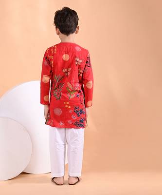 Red floral printed cotton kurta set 3