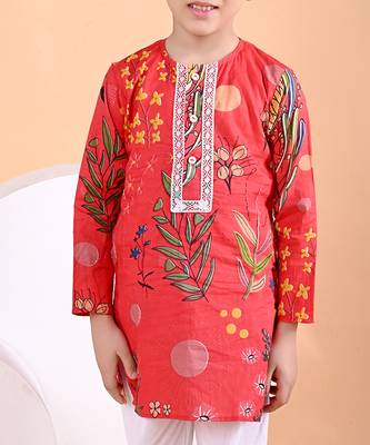 Red floral printed cotton kurta set 4