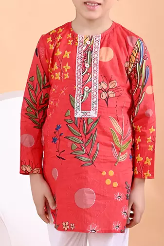 Red floral printed cotton kurta set