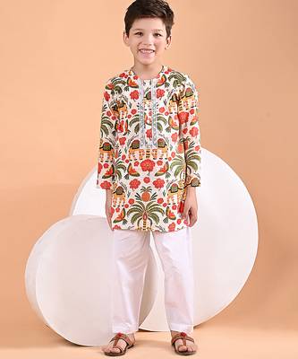 Off white printed cotton kurta set 1