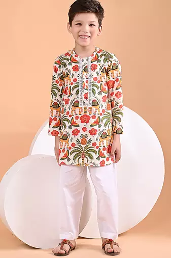 Off white printed cotton kurta set
