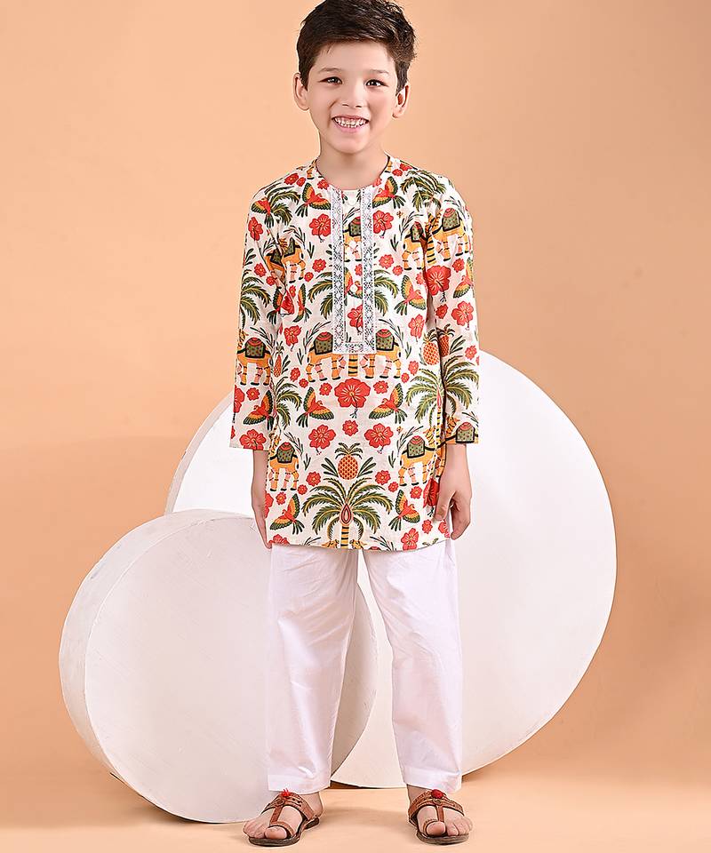 Off white printed cotton kurta set