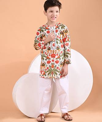 Off white printed cotton kurta set 2