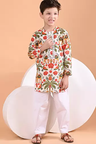Off white printed cotton kurta set