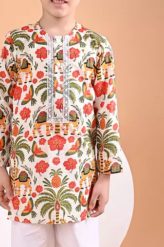 Off white printed cotton kurta set