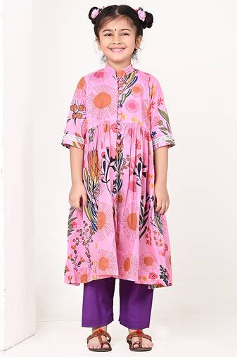 Pink floral printed cotton cape set