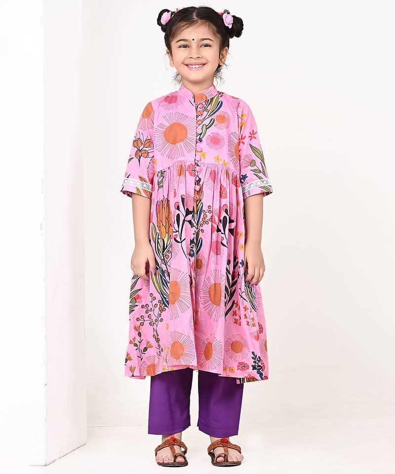 Pink floral printed cotton cape set