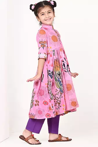 Pink floral printed cotton cape set