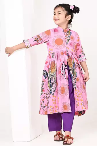 Pink floral printed cotton cape set