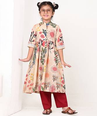 Beige floral printed cotton cape set 1