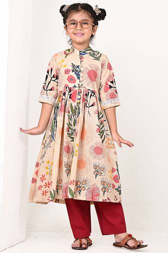 Beige floral printed cotton cape set