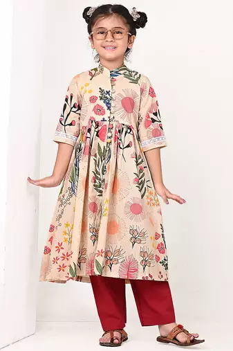 Beige floral printed cotton cape set